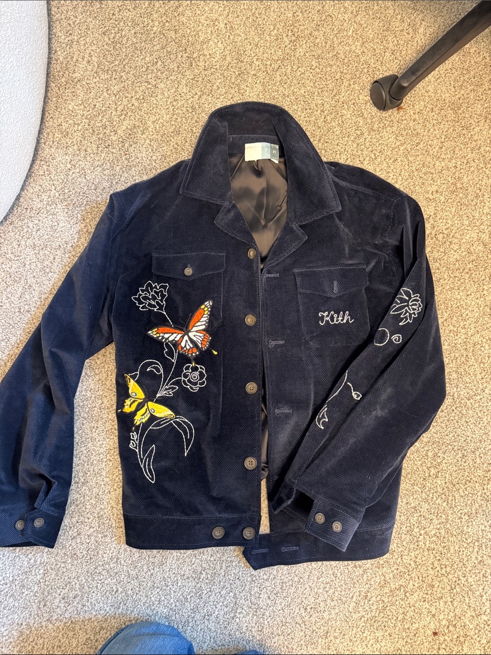 Kith Navy Corduroy Jacket with Embroidered Butterflies and Floral Motifs